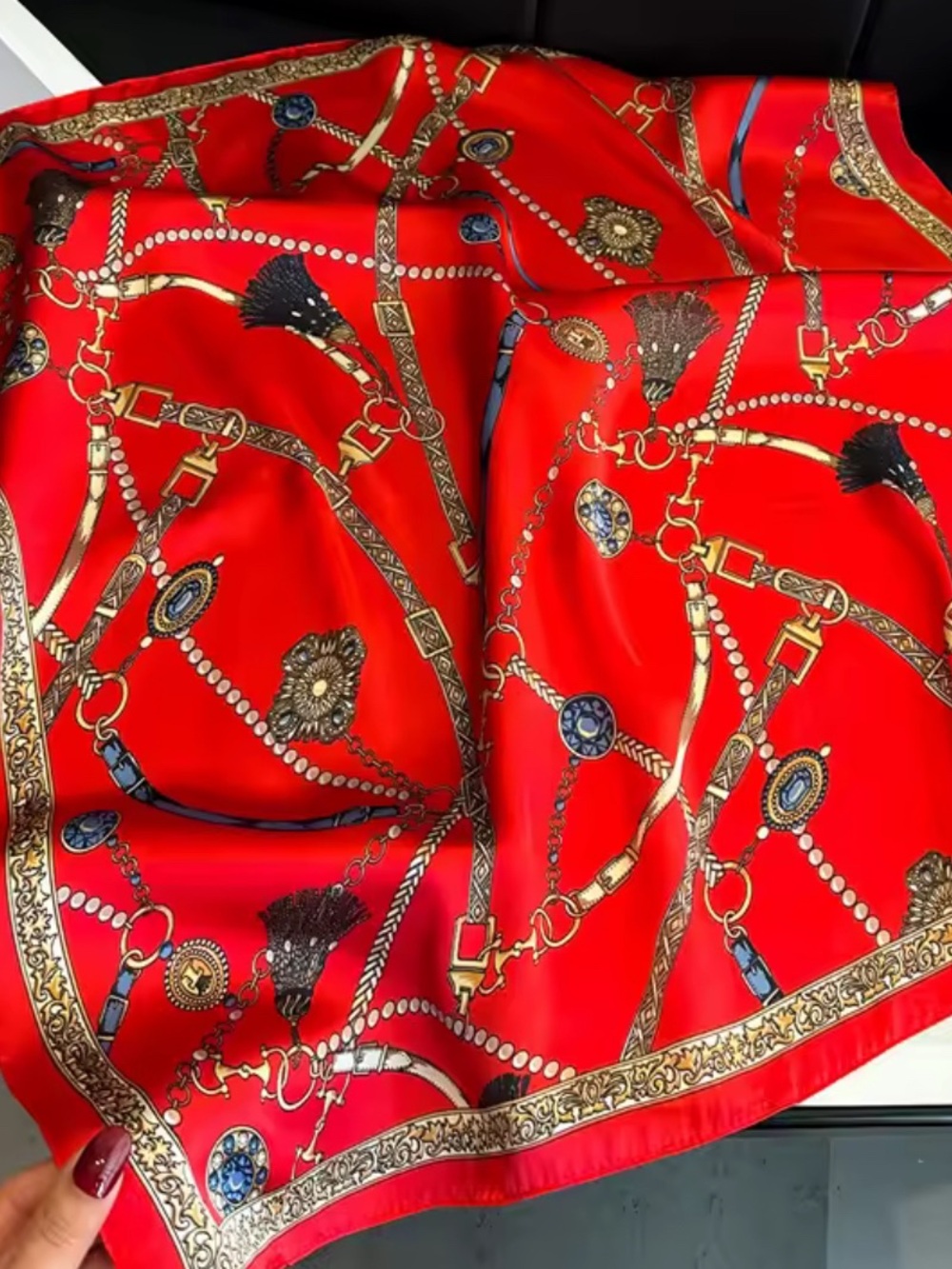 Red Silk-Feel Chain Print Scarf